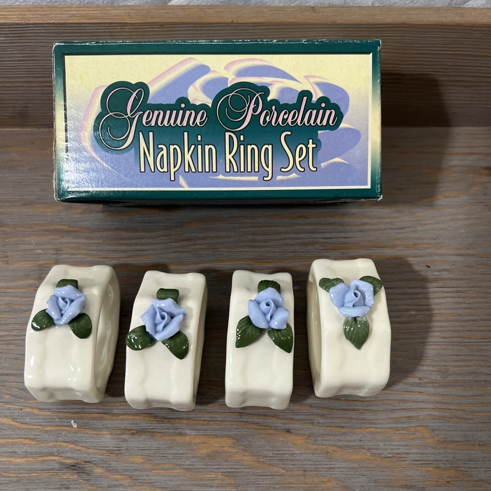 Vintage Genuine PORCELAIN Blue Rose‎ NAPKIN RING Set CLOTH Linen Holders FLOWER